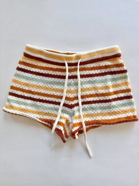 Ghanda Girls Retro Stripe Knit Shorts Sz 3-4 Rust Mustard Sage 70s Crochet